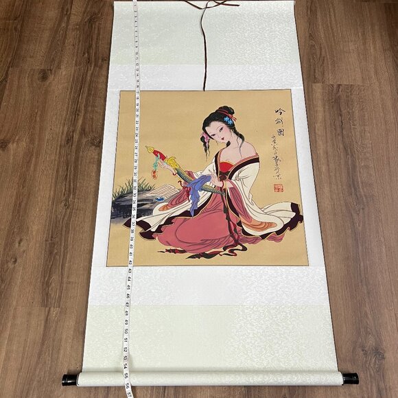 Asian Chinese Hanging Scroll Art Geisha with Sword Hand Painted 56" x 29" - Picture 9 of 11